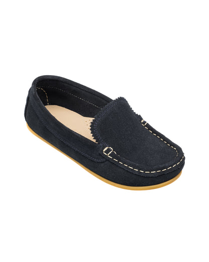 Navy blue suede moccasin loafer with beige stitching and rubber sole for toddlers.
