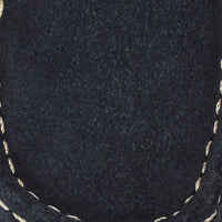 Blue suede moccasin with cream contrast stitching on rounded toe.