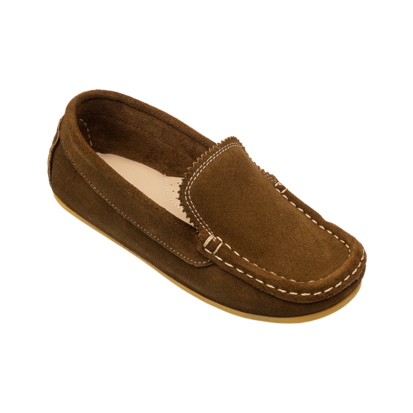 Chestnut brown suede toddler moccasin with contrast white stitching and rubber sole.