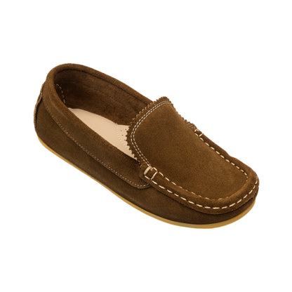 Chestnut brown suede toddler moccasin with contrast white stitching and rubber sole.