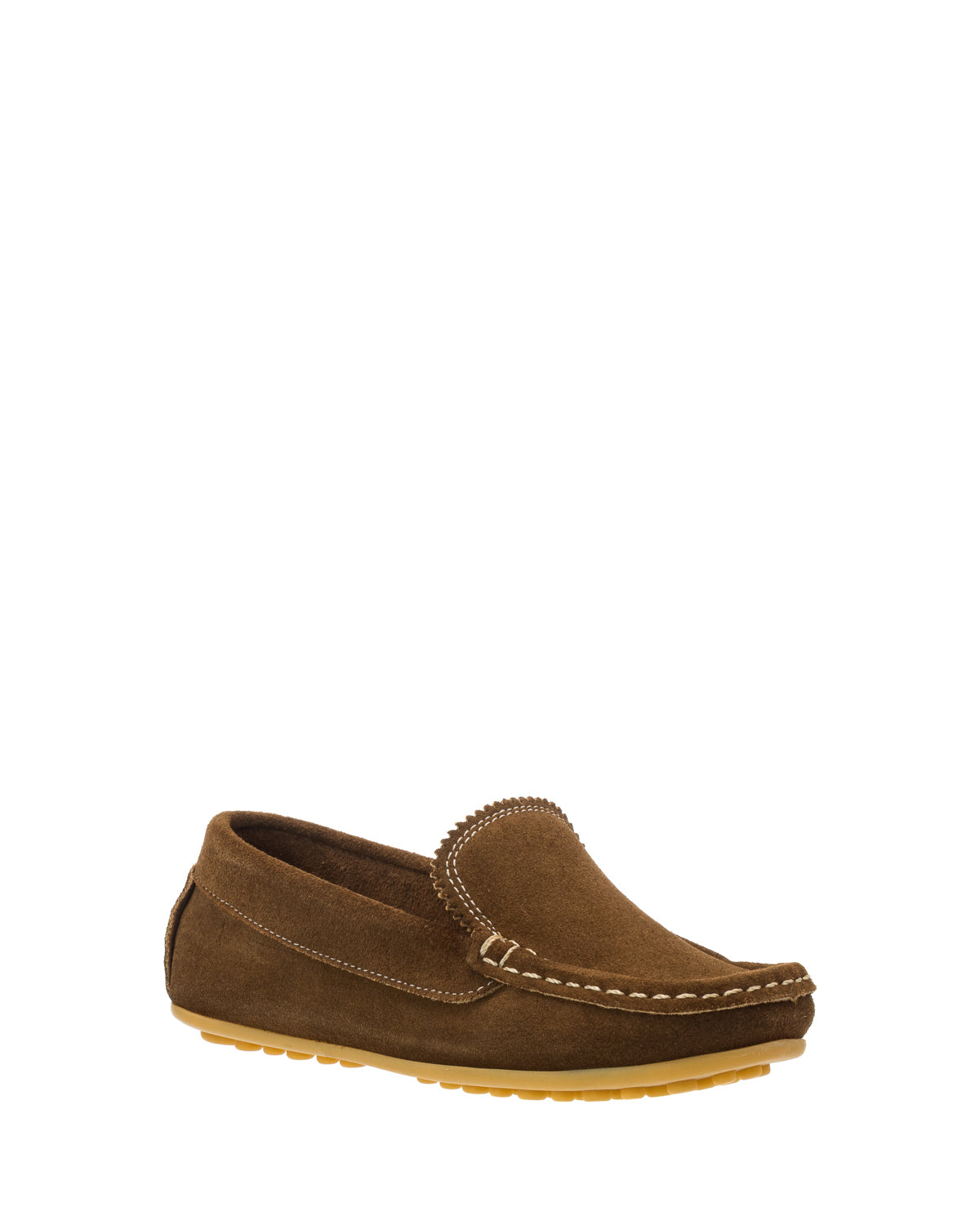 Chestnut suede moccasin-style toddler shoe with stitched detail and rubber sole.