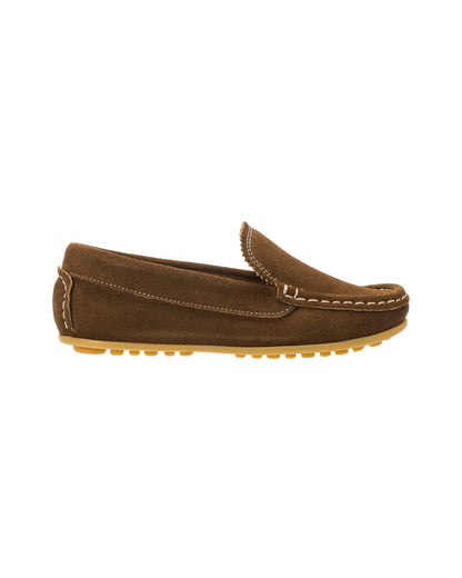 Chestnut suede moccasin toddler shoe with stitched detailing and rubber sole.