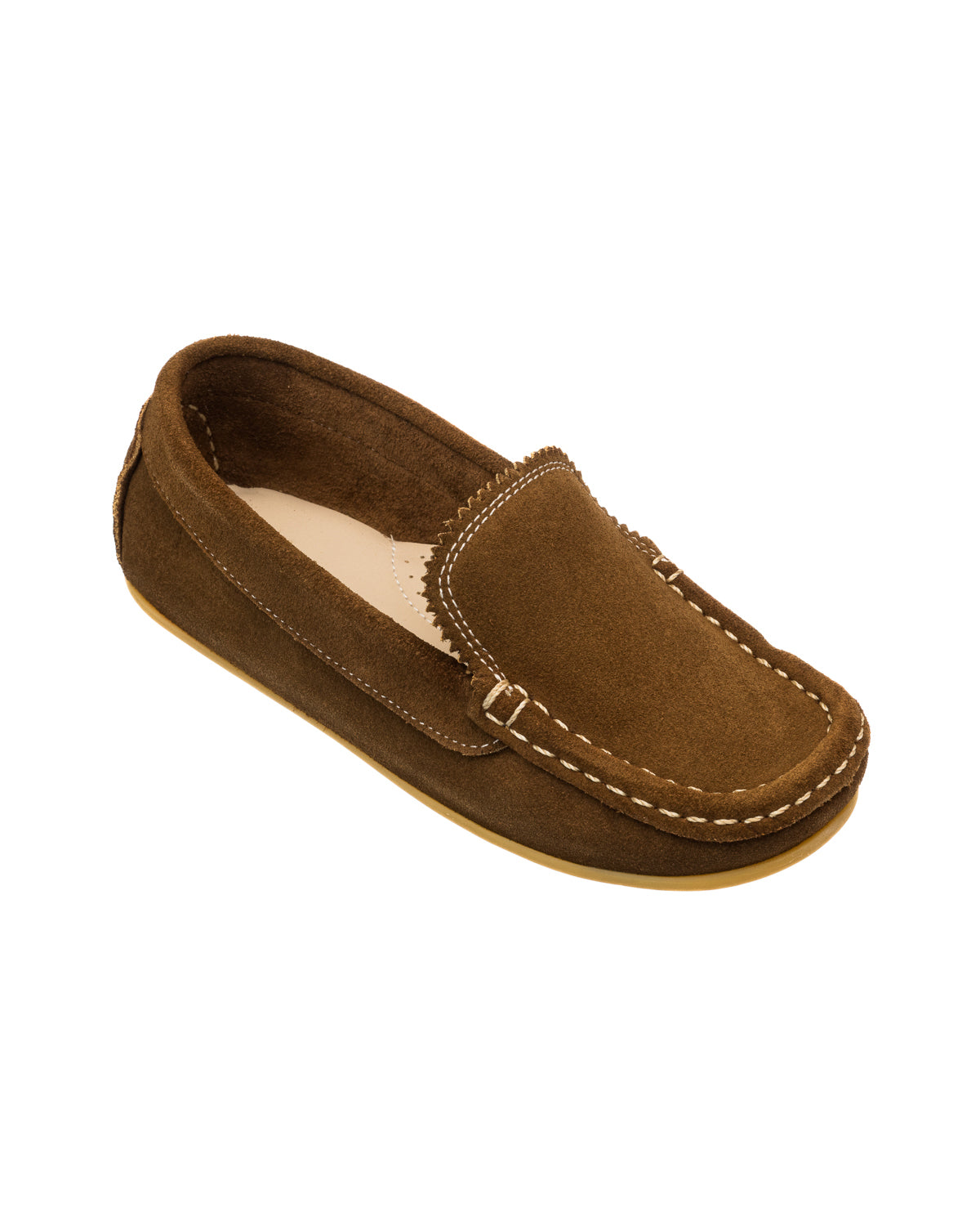 Chestnut brown suede toddler moccasin shoe with white contrast stitching and soft sole.