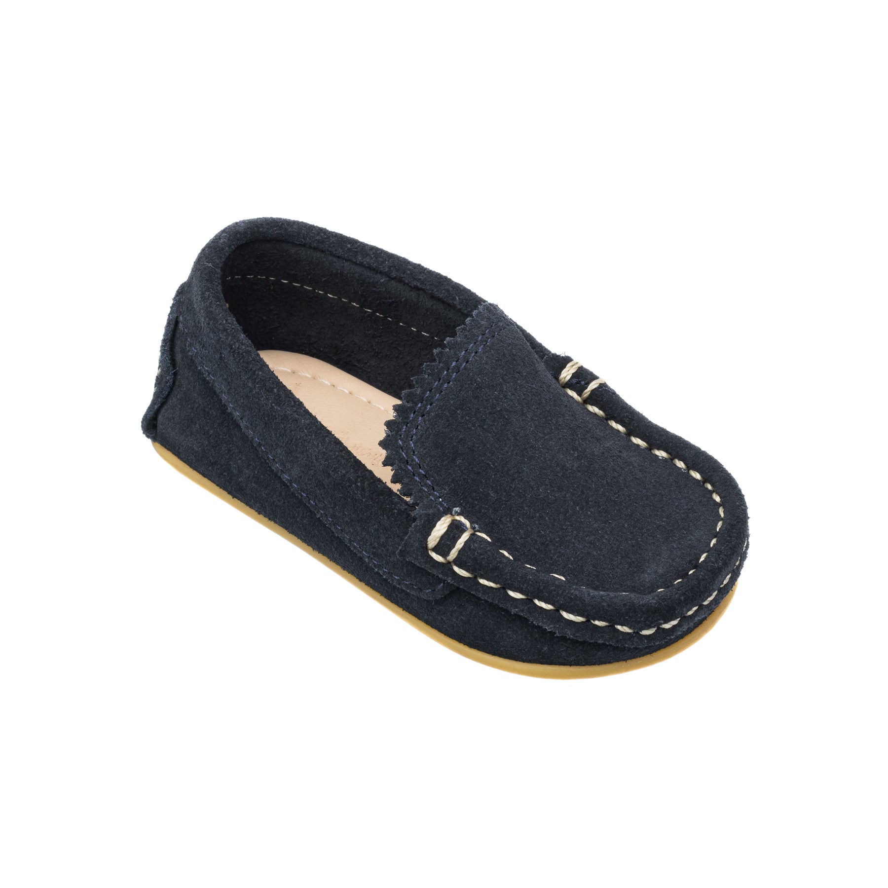 Blue suede toddler moccasin with white stitching and soft sole.
