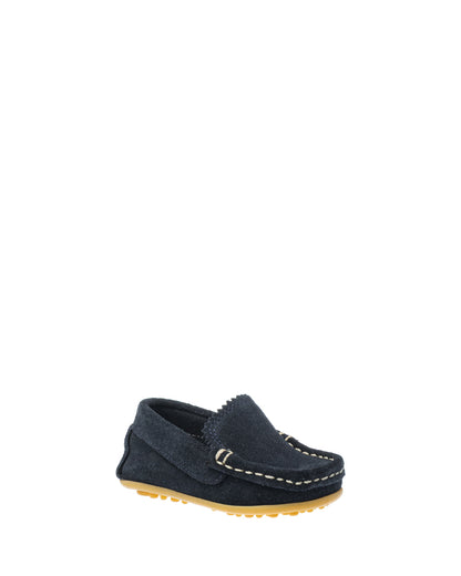 Navy blue suede toddler moccasin with rubber sole and contrast stitching.