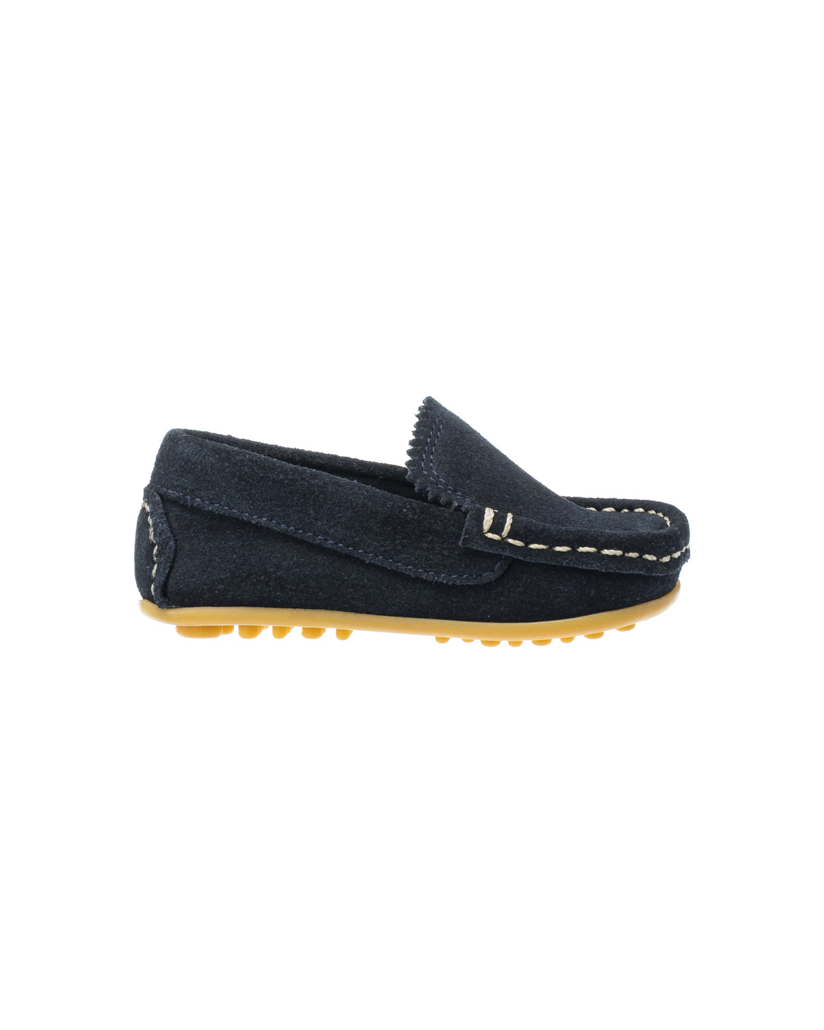 Toddler blue suede moccasin driver shoe with rubber pebble sole and contrast stitching.