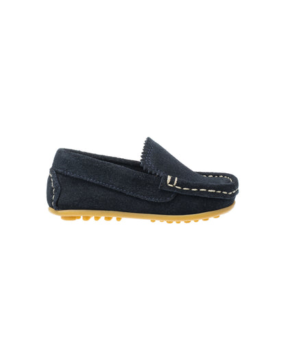 Toddler blue suede moccasin driver shoe with rubber pebble sole and contrast stitching.