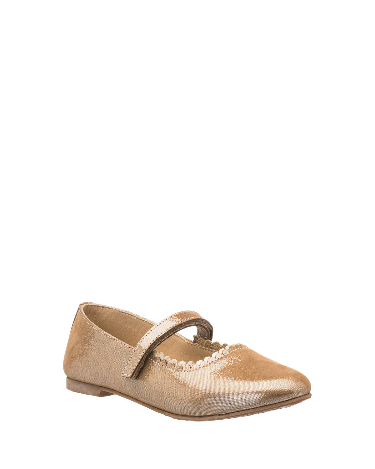 Blush pink toddler Mary Jane flat with pearl trim and single strap closure.