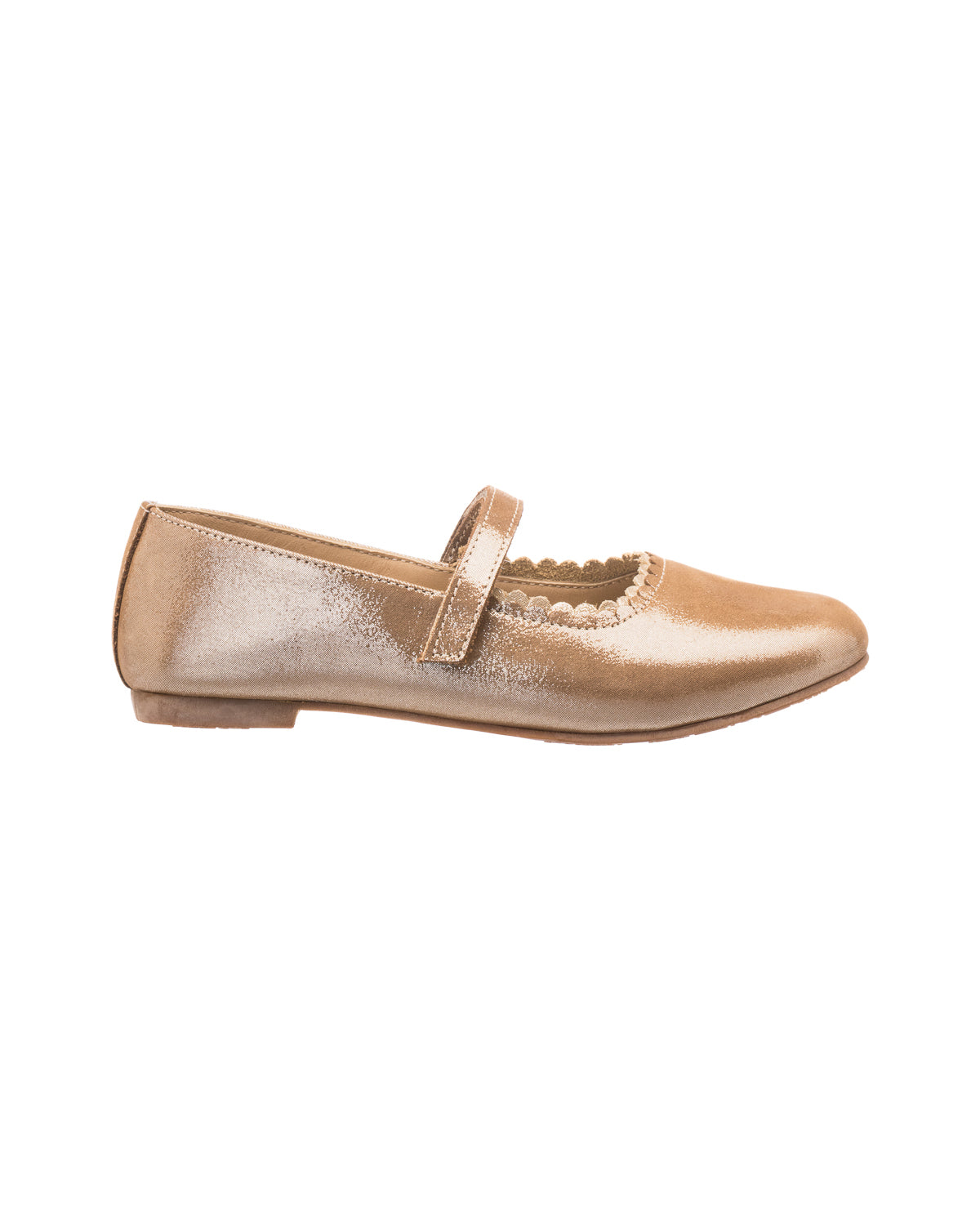 Metallic blush pink toddler Mary Jane flat with scalloped edge and single strap closure.