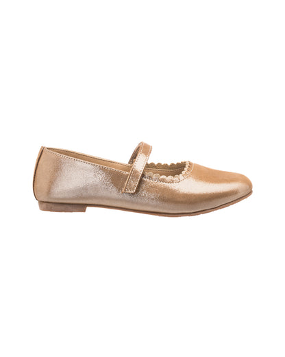 Metallic blush pink toddler Mary Jane flat with scalloped edge and single strap closure.