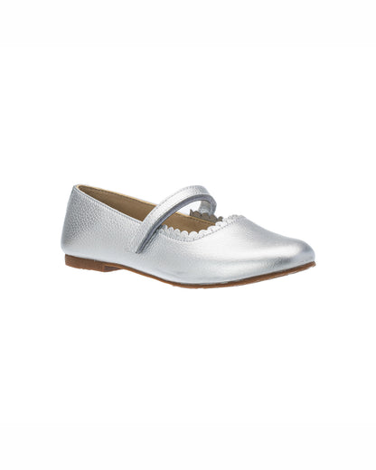 Silver toddler flat shoe with scalloped edge and single strap closure.