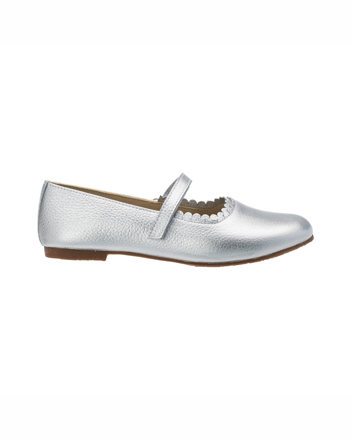 Silver leather toddler ballerina flat with scalloped edge and single strap buckle closure.