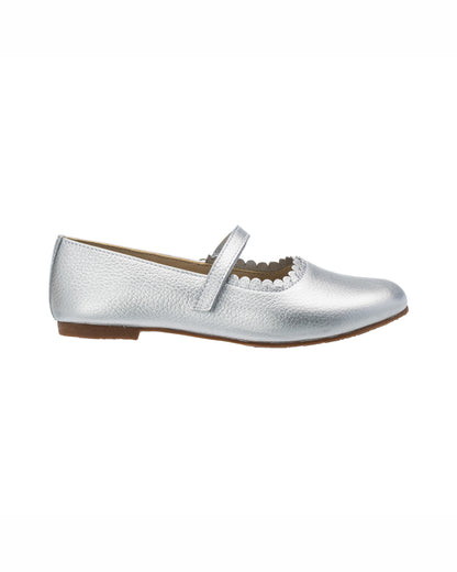 Silver leather toddler ballerina flat with scalloped edge and single strap buckle closure.
