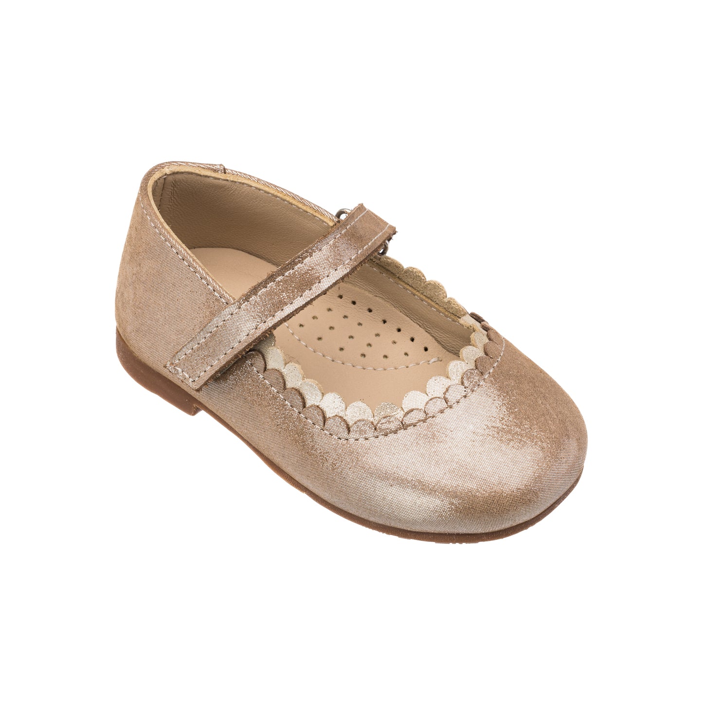 Blush pink toddler flat shoe with scalloped edges and a single velcro strap closure.
