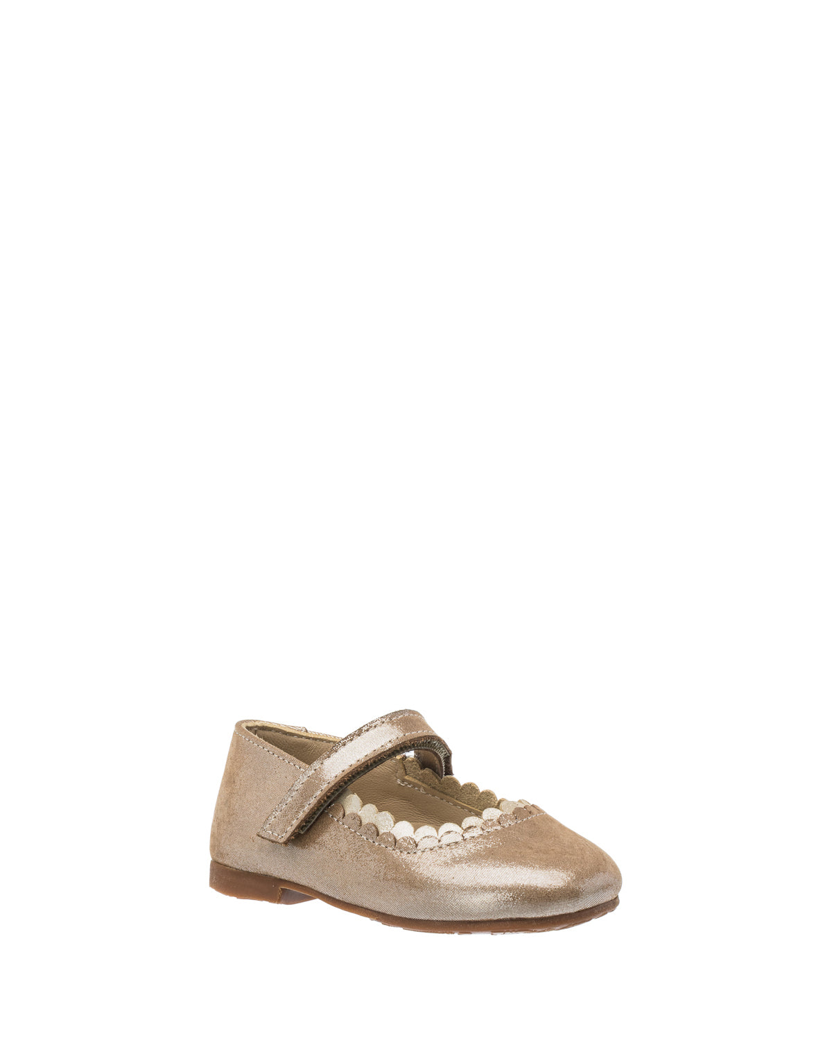 Blush pink toddler Mary Jane shoe with scalloped edge and pearl trim on leather upper.