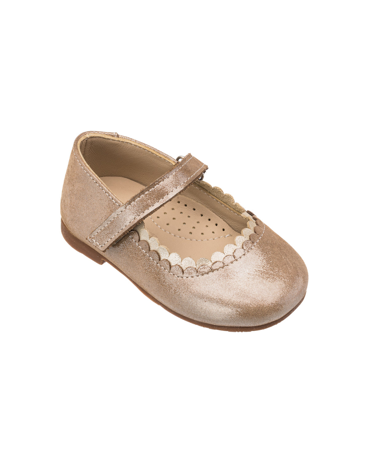 Blush pink toddler Mary Jane shoe with scalloped edges and perforated insole.