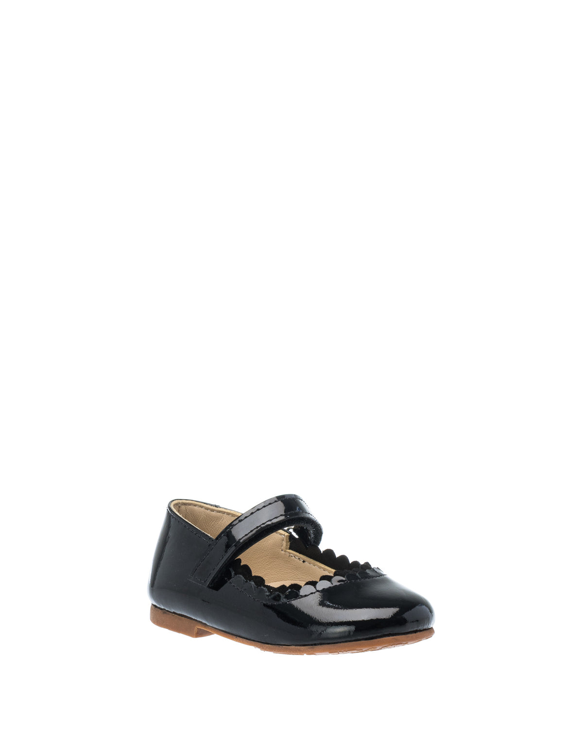 Black patent leather toddler Mary Jane shoe with scalloped edges and Velcro strap.