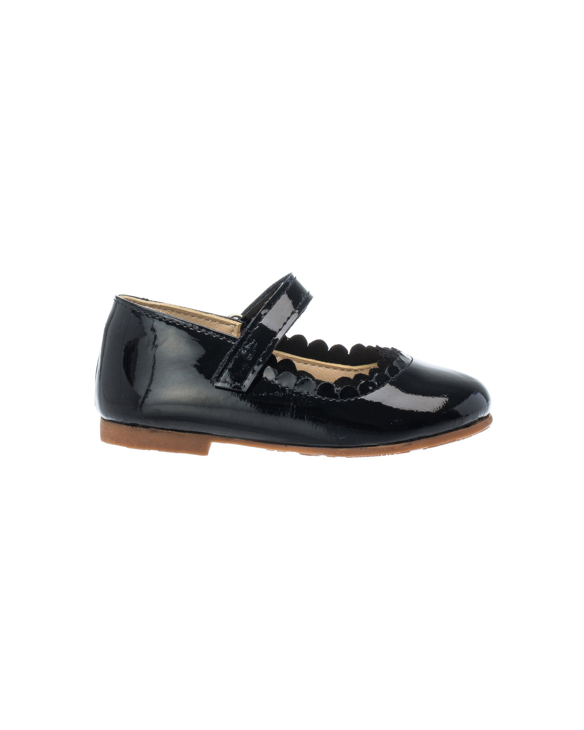Black patent leather toddler Mary Jane shoe with scalloped edges and Velcro strap.