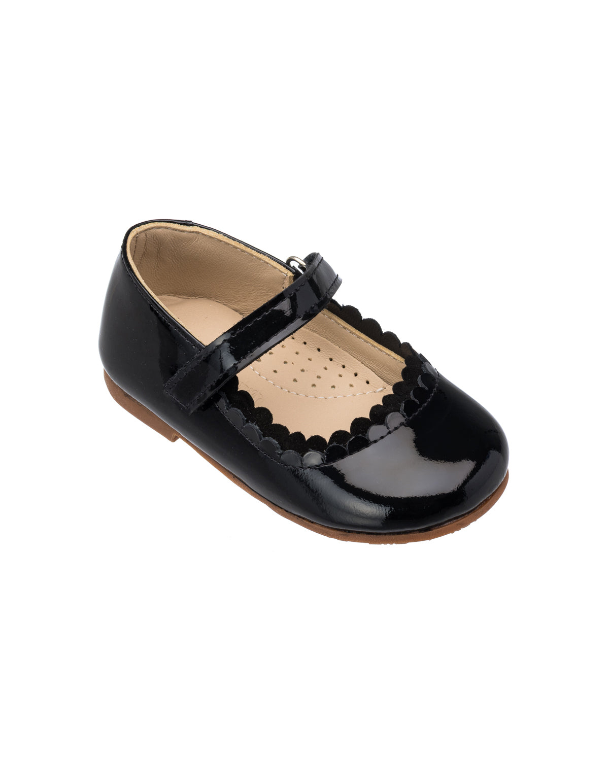 Black patent leather toddler Mary Jane shoe with scalloped edge and adjustable strap.