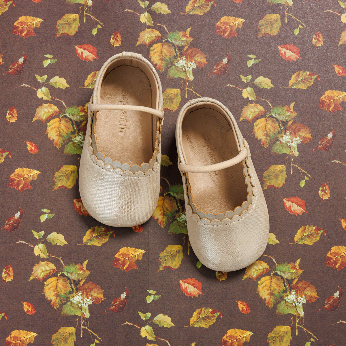 Cream-colored baby ballet shoes with scalloped edges and soft leather on a floral fabric background.