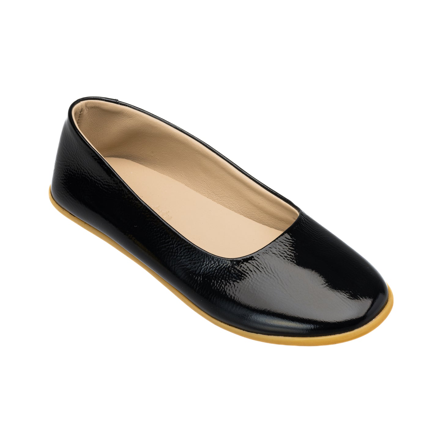 Elephantito - Black patent leather toddler ballerina flat with tan sole and rounded toe.