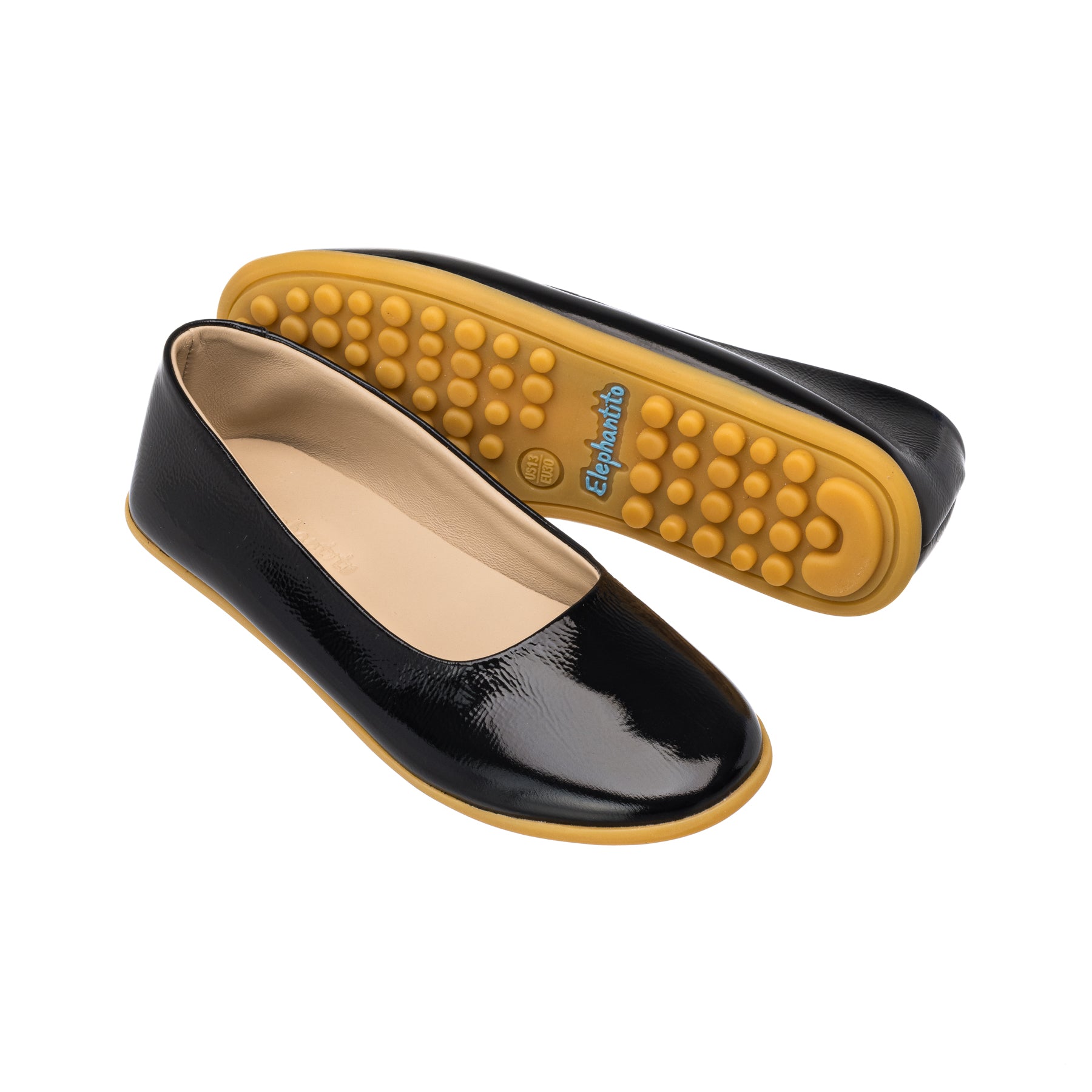 Elephantito - Black patent leather ballerina flats with tan rubber sole and textured grip for toddlers and kids.