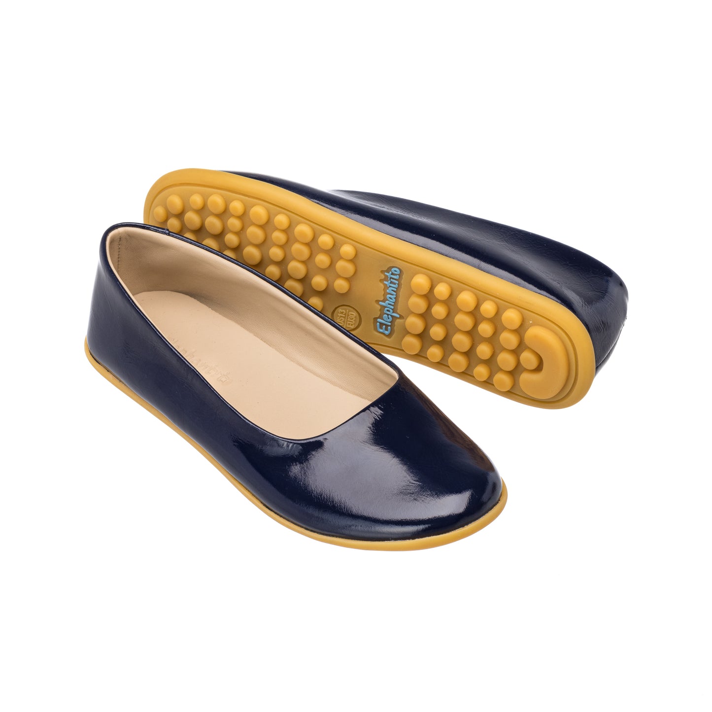 Elephantito - Navy blue patent leather toddler ballerina flats with cushioned tan rubber sole and rounded toe.