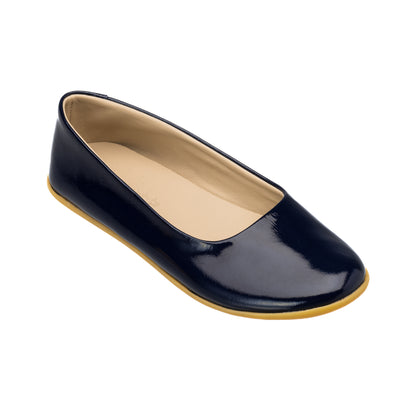 Elephantito - Glossy navy blue ballerina flat with light tan sole and soft beige interior lining.