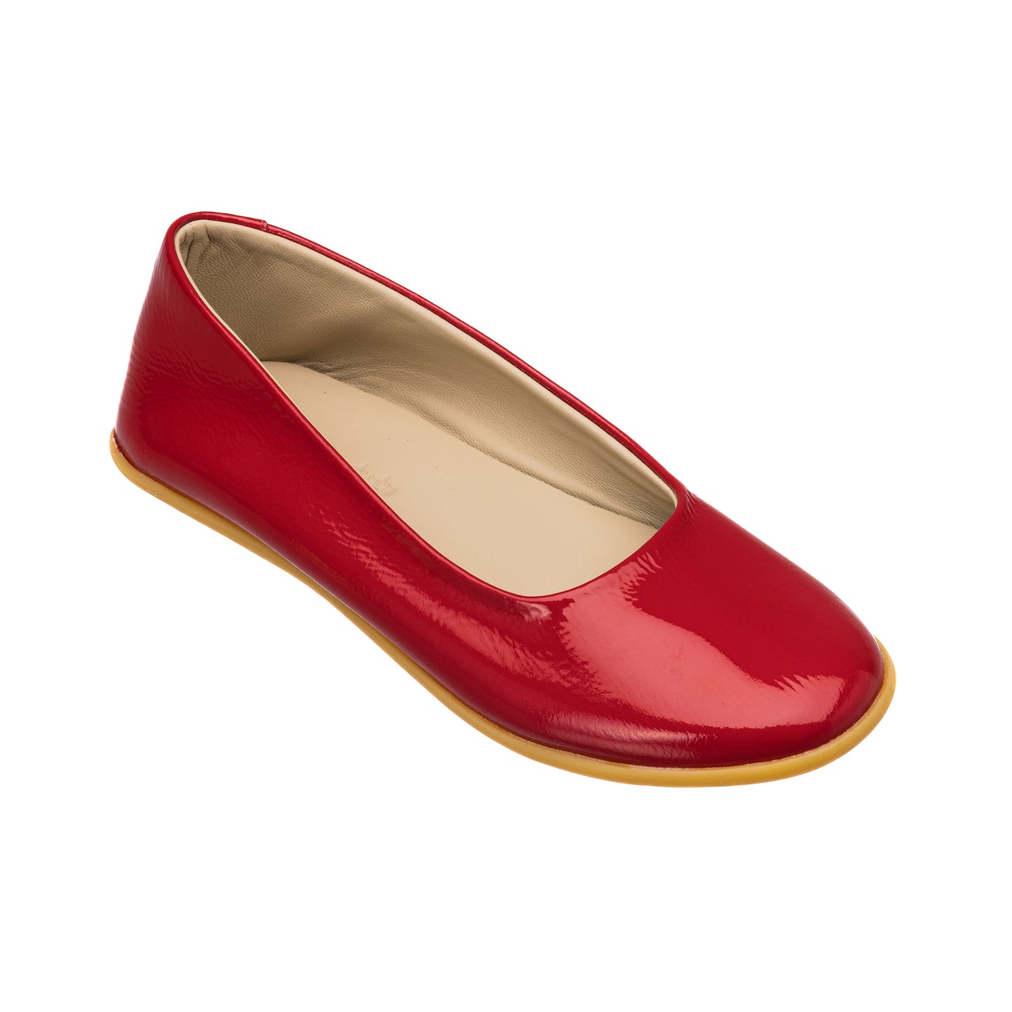 Red patent leather ballerina flat with beige interior and light brown sole for children.