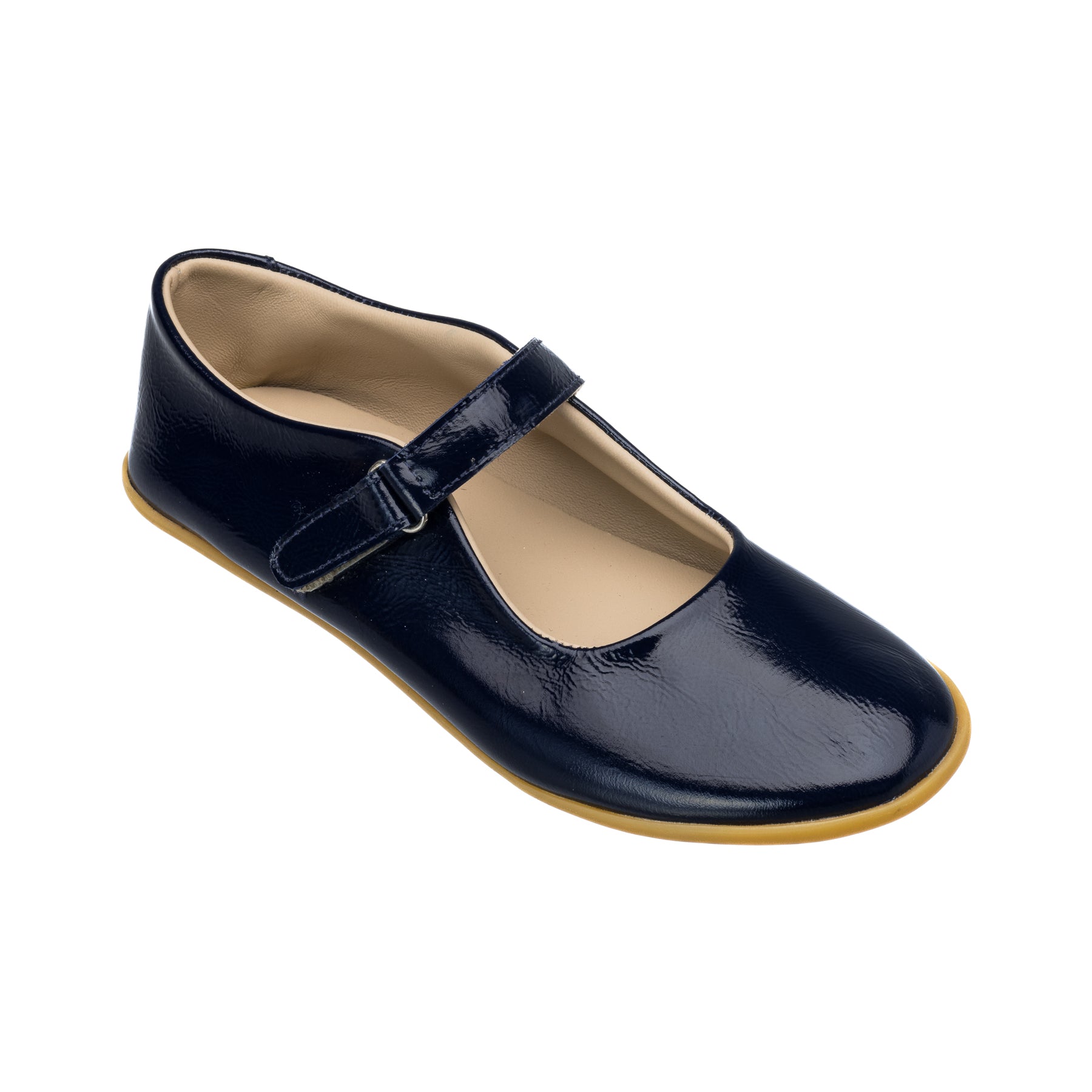 Navy blue patent leather Mary Jane shoe for children with beige interior and tan sole.