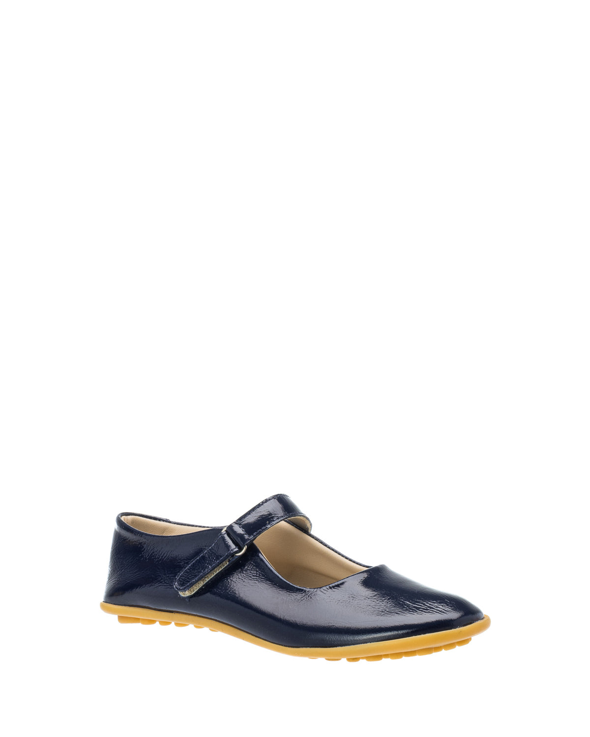 Navy blue patent leather girls Mary Jane shoe with velcro strap and tan rubber sole.