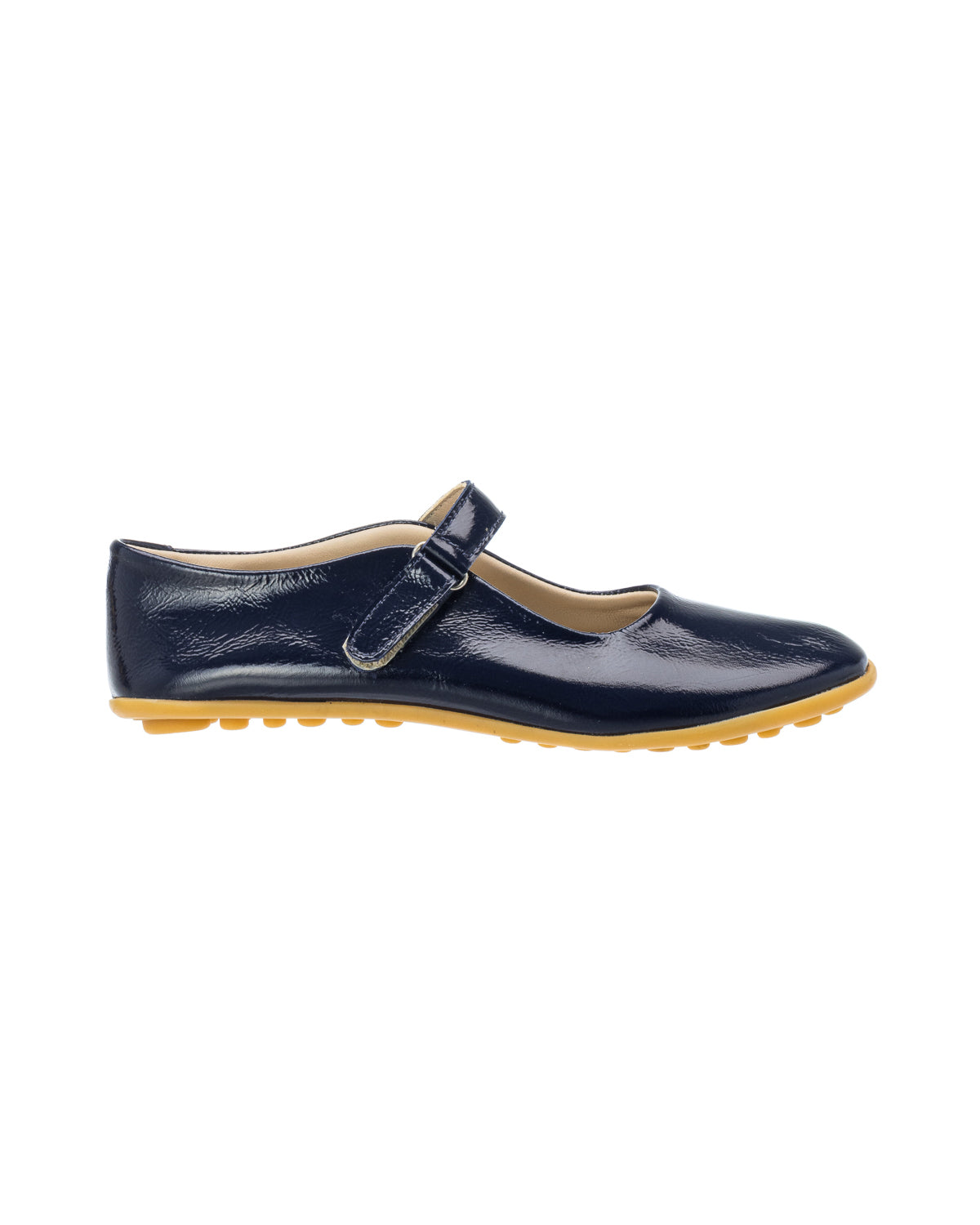 Navy blue patent leather Mary Jane shoe with adjustable strap and gum rubber sole for kids.