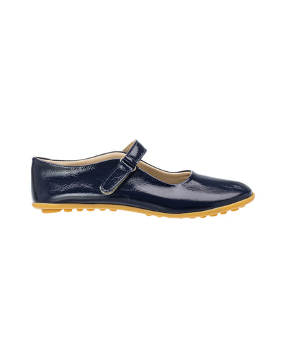 Navy blue patent leather Mary Jane shoe with adjustable strap and gum rubber sole for kids.