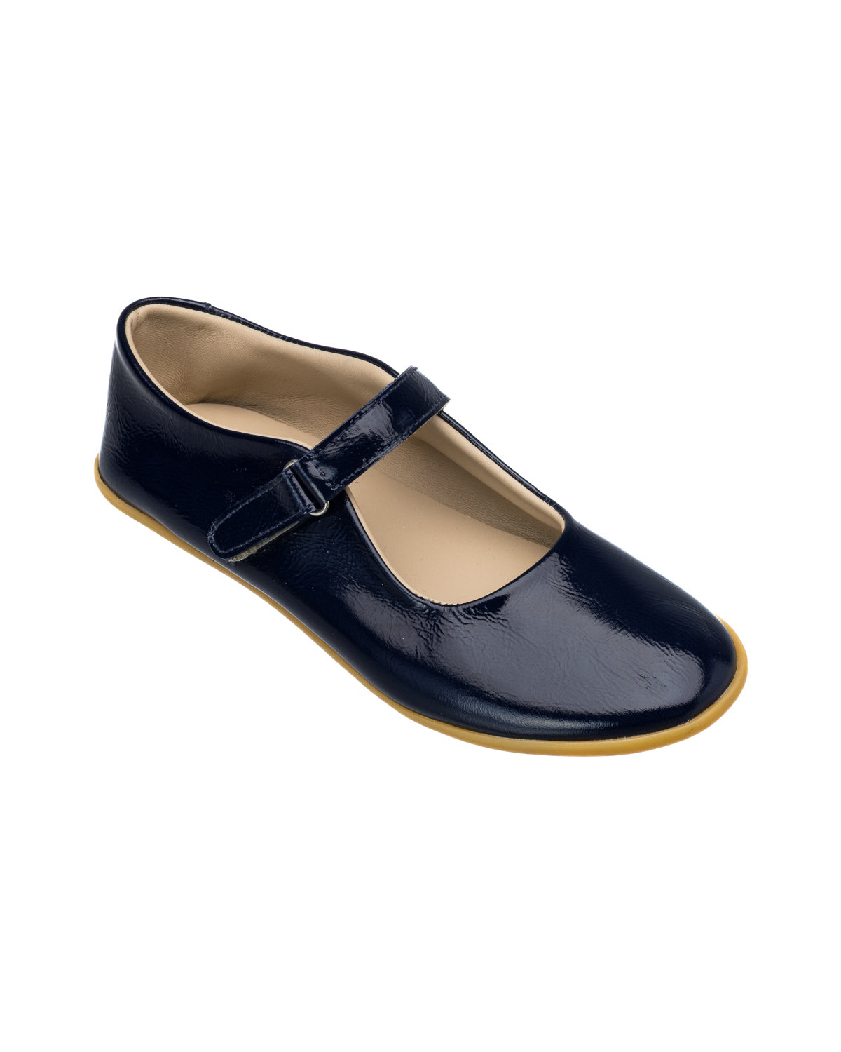Glossy navy blue girls Mary Jane shoe with adjustable strap and tan sole.