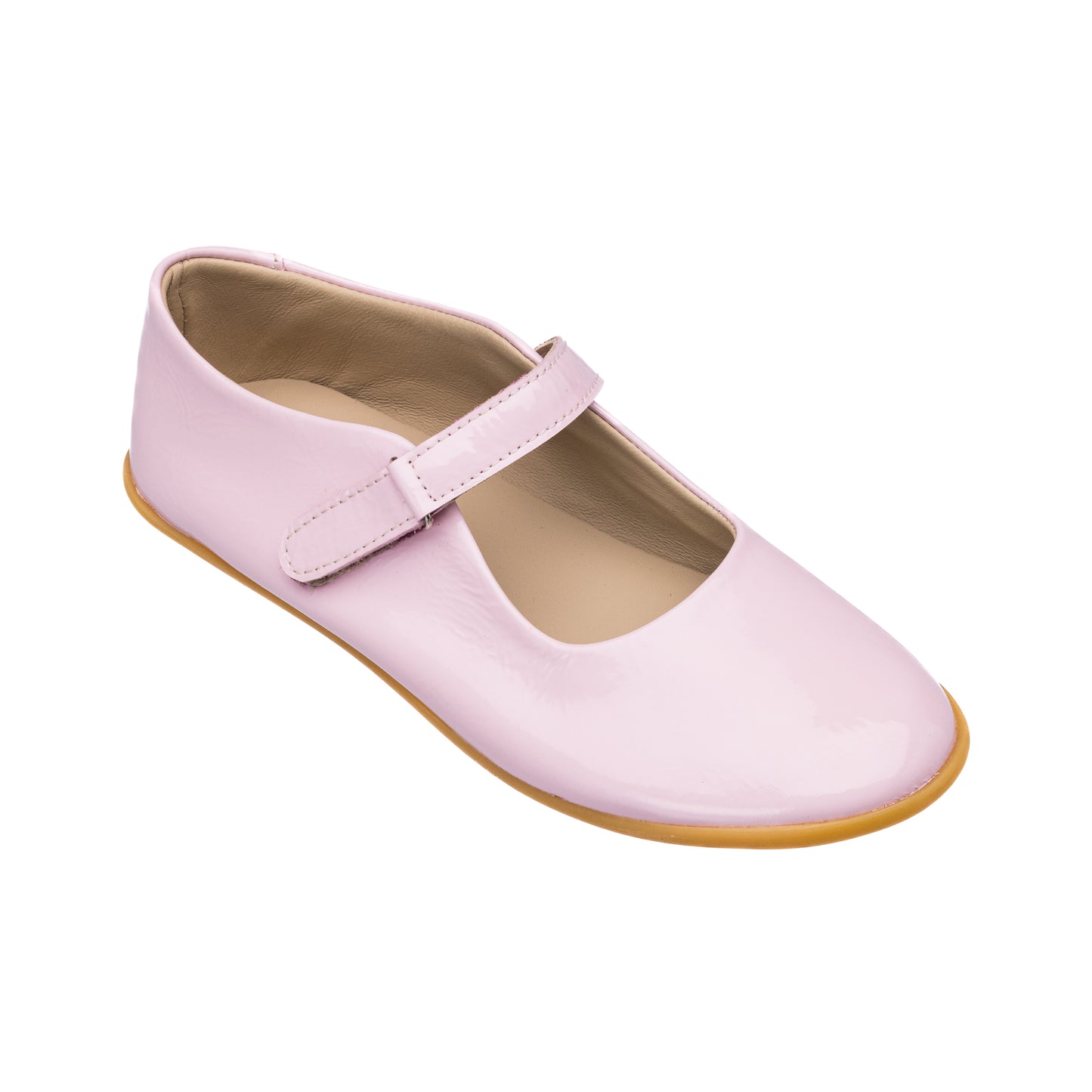 Pink toddler Mary Jane shoe with velcro strap and tan rubber sole.