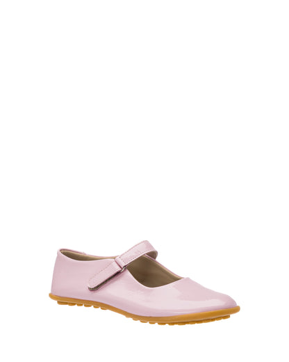 Light pink toddler Mary Jane shoe with a hook-and-loop strap and gum rubber sole.