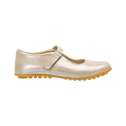 Elephantito - Girls' metallic pale gold Mary Jane shoe with Velcro strap and textured gum sole.