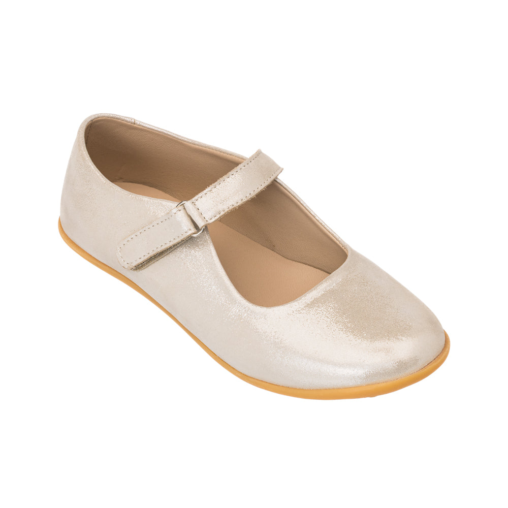 Elephantito - Shimmery pale gold Mary Jane shoe with single strap and rounded toe for toddlers.
