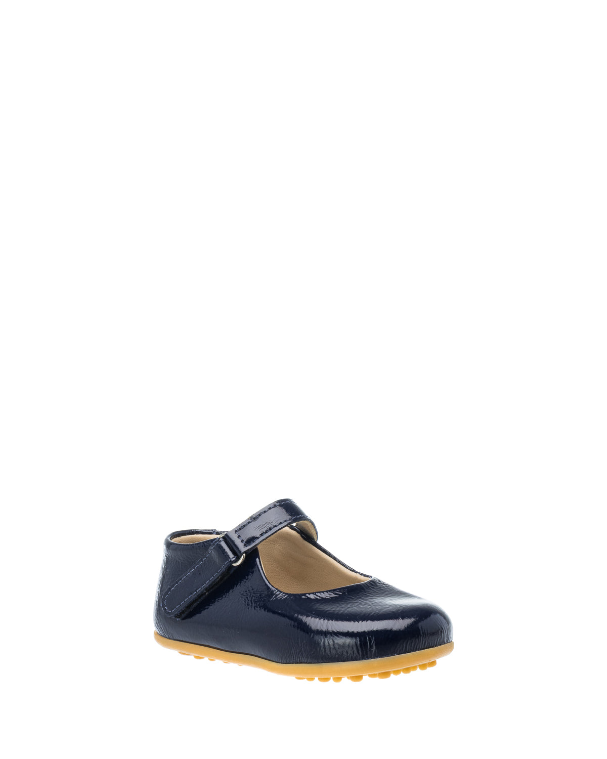 Glossy navy blue toddler Mary Jane shoe with Velcro strap and light brown rubber sole.