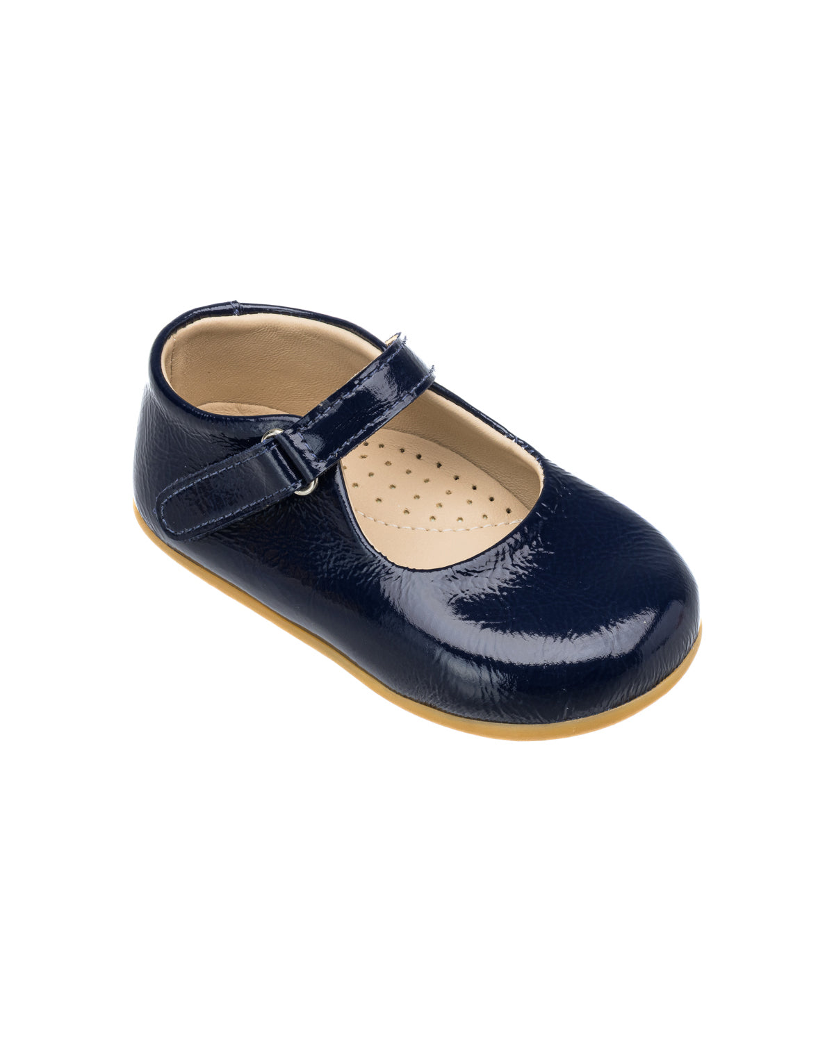 Navy blue patent leather toddler Mary Jane shoe with velcro strap and beige perforated insole.