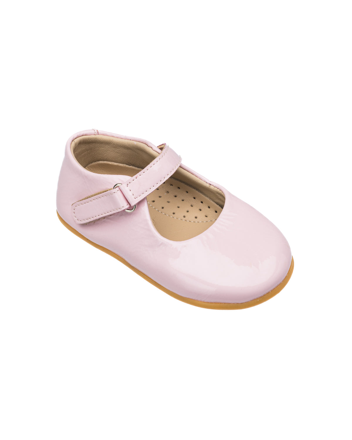 Pink toddler Mary Jane shoe with Velcro strap and beige sole, smooth shiny finish.