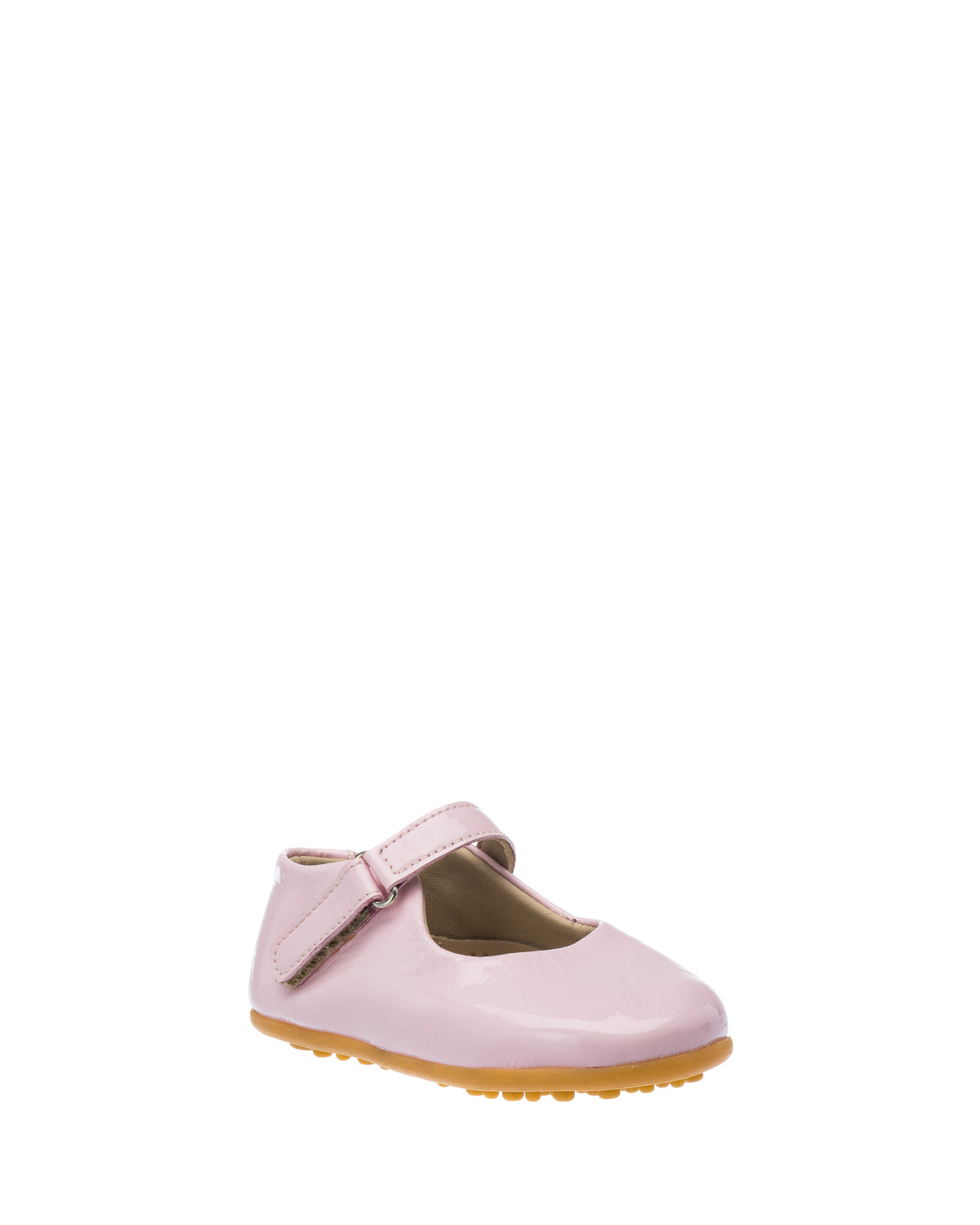 Pink toddler Mary Jane shoe with a hook-and-loop strap and textured rubber sole.