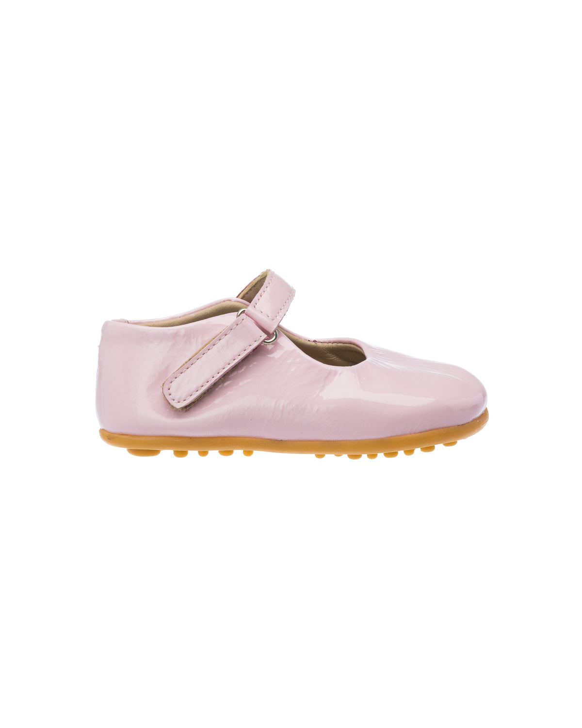 Pink toddler Mary Jane shoe with velcro strap and textured rubber sole.