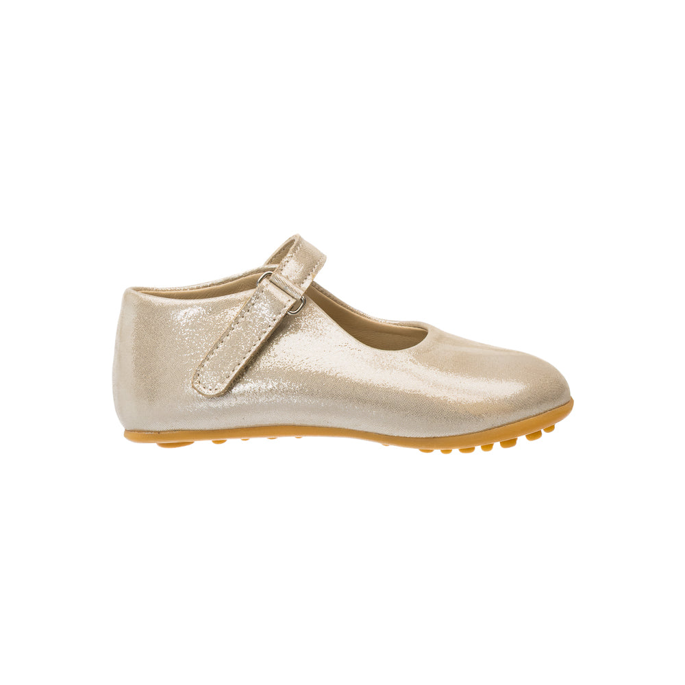 Elephantito - Shiny light beige toddler Mary Jane shoe with adjustable strap and textured rubber sole.