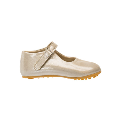Elephantito - Shiny light beige toddler Mary Jane shoe with adjustable strap and textured rubber sole.