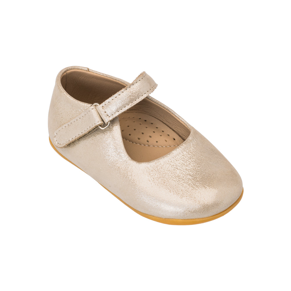 Elephantito - Toddler Mary Jane shoe in pale gold with adjustable strap and soft sole.