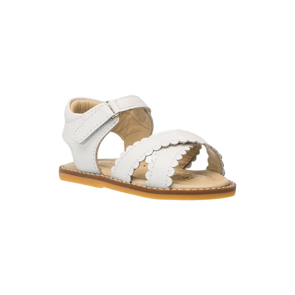 Elephantito - White toddler sandal with scalloped straps and adjustable ankle hook-and-loop closure.