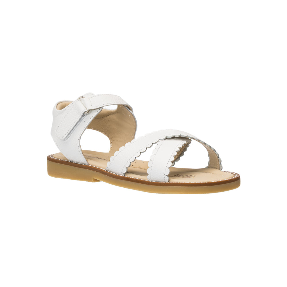 Elephantito - White toddler sandal with scalloped double strap and adjustable ankle strap on tan sole.