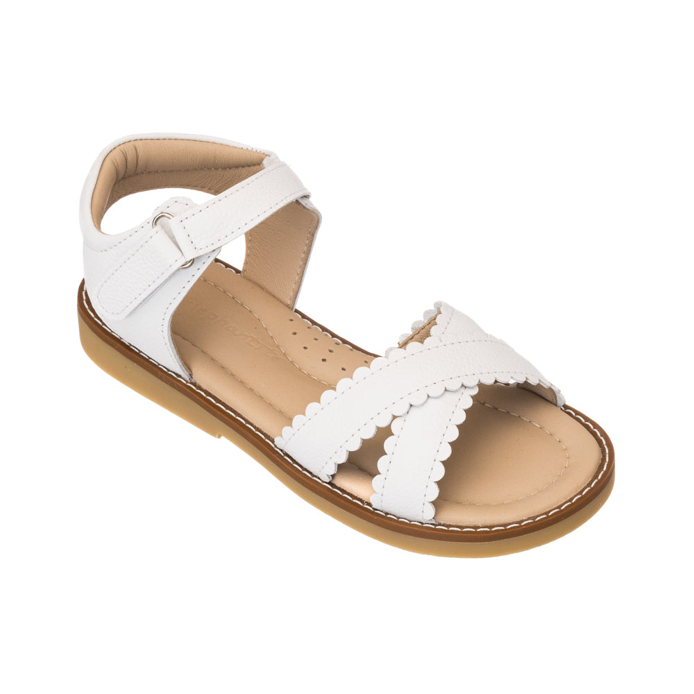 Elephantito - White toddler sandal with scalloped straps and adjustable Velcro closure, tan sole.