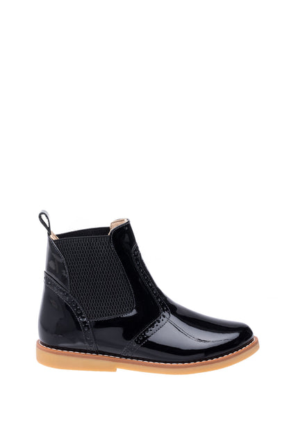 Black patent leather children's bootie with elastic side panels and tan rubber sole.